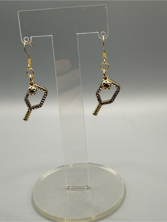 Handmade Jewelry - Gold Tone Pickleball Racket & Ball Dangle Earrings - Handmade #E0453C